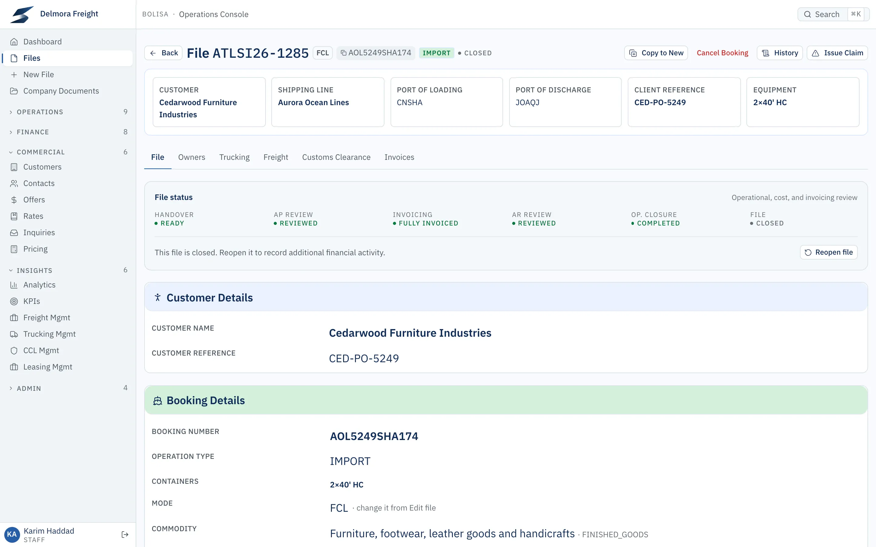 A closed shipment file whose status panel shows handover ready, cost review and customer review done, fully invoiced, operations complete and the file closed.