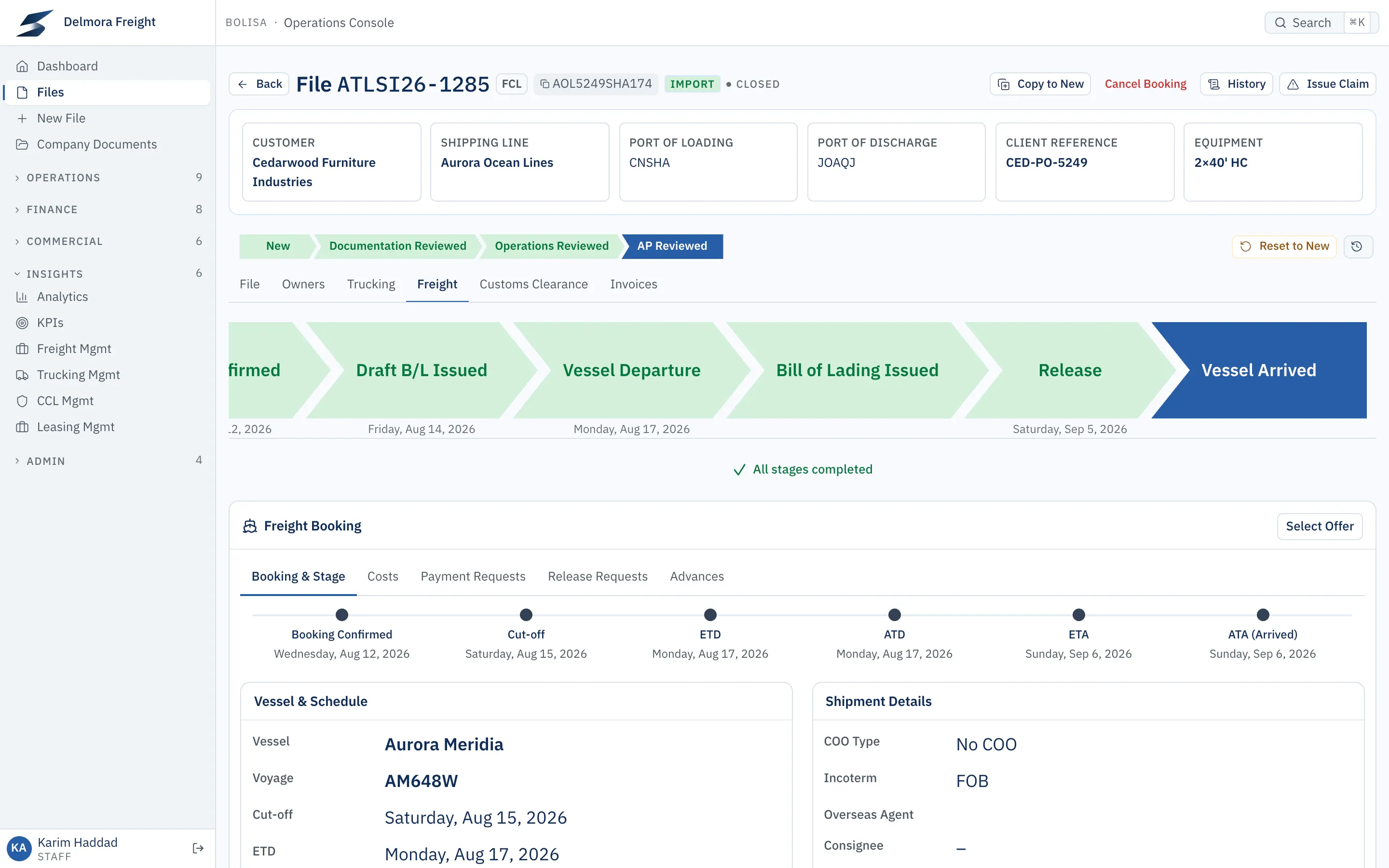 The freight booking on a shipment file: every stage from booking to vessel arrival with dates, vessel, voyage and incoterm.
