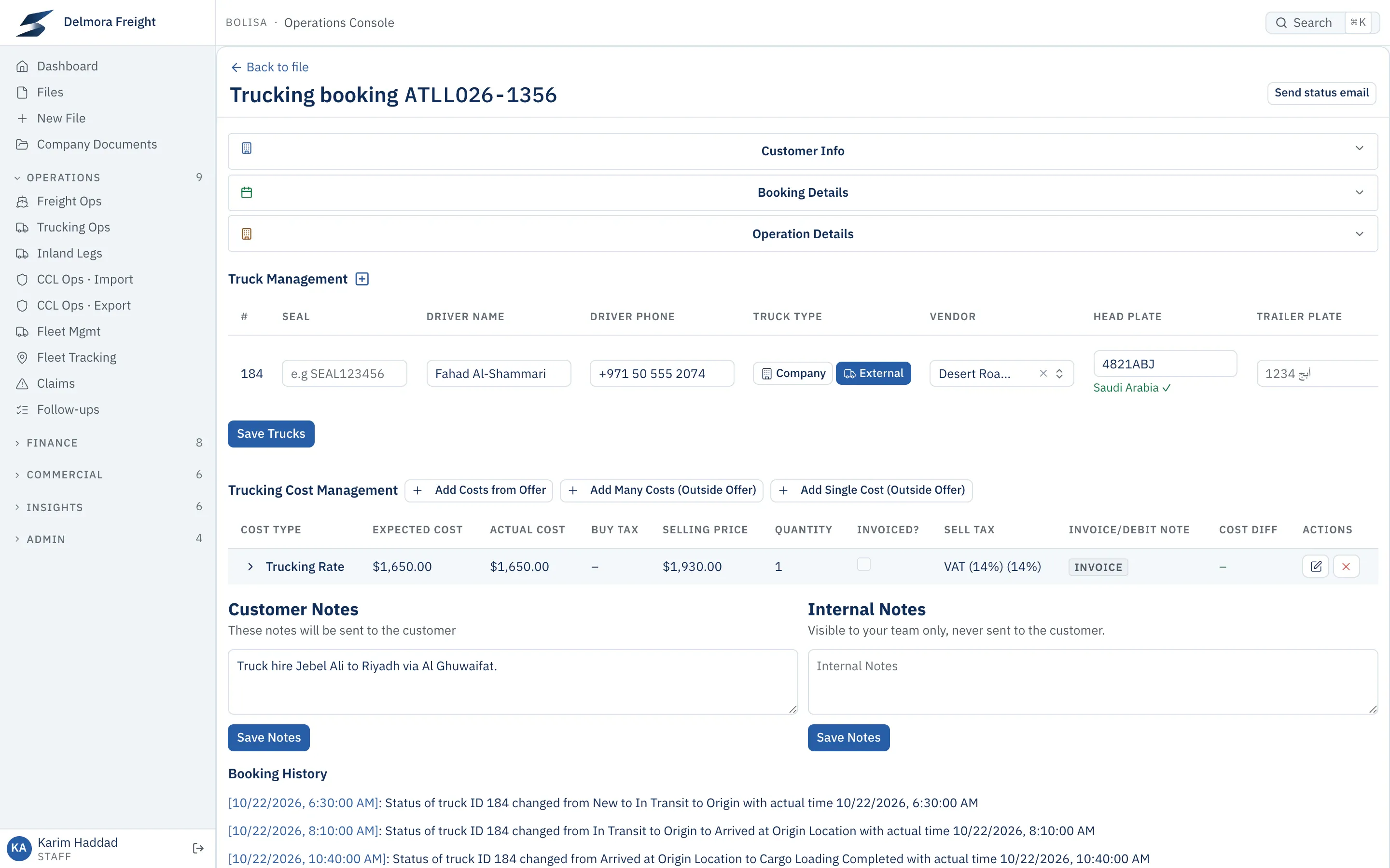 A cross-border truck-hire booking: the truck’s driver, vendor and plate checked against its country’s format, the trucking cost line, customer notes and status history.